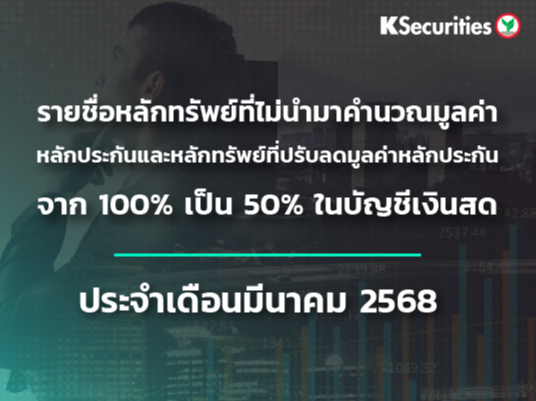  รายชื่อหลักทรัพย์ที่ไม่นำมาคำนวณมูลค่าหลักประกัน และหลักทรัพย์ที่ปรับลดมูลค่าหลักประกันจาก 100% เป็น 50% ในบัญชีเงินสด ประจำเดือนมีนาคม 2568