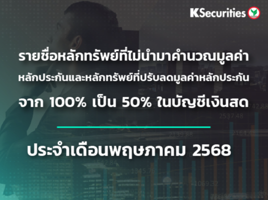 รายชื่อหลักทรัพย์ที่ไม่นำมาคำนวณมูลค่าหลักประกัน และหลักทรัพย์ที่ปรับลดมูลค่าหลักประกันจาก 100% เป็น 50% ในบัญชีเงินสด ประจำเดือนพฤษภาคม 2568